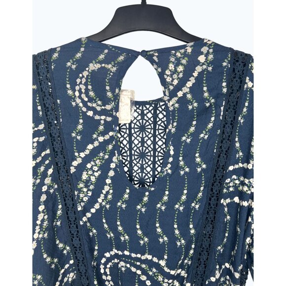 Free People Bali Tate Navy Floral Lace-Trimmed Bodysuit Open Back Size XL - Picture 11 of 16